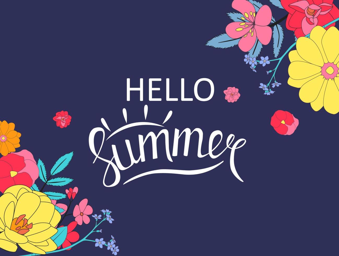 Hello summer background with hand drawn flower. Vector Ilustration