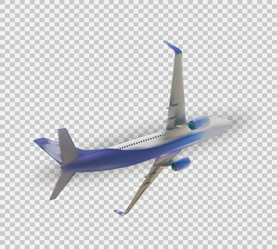 Naturalistic 3D passenger plane flying on transparent background. Vector illustration.