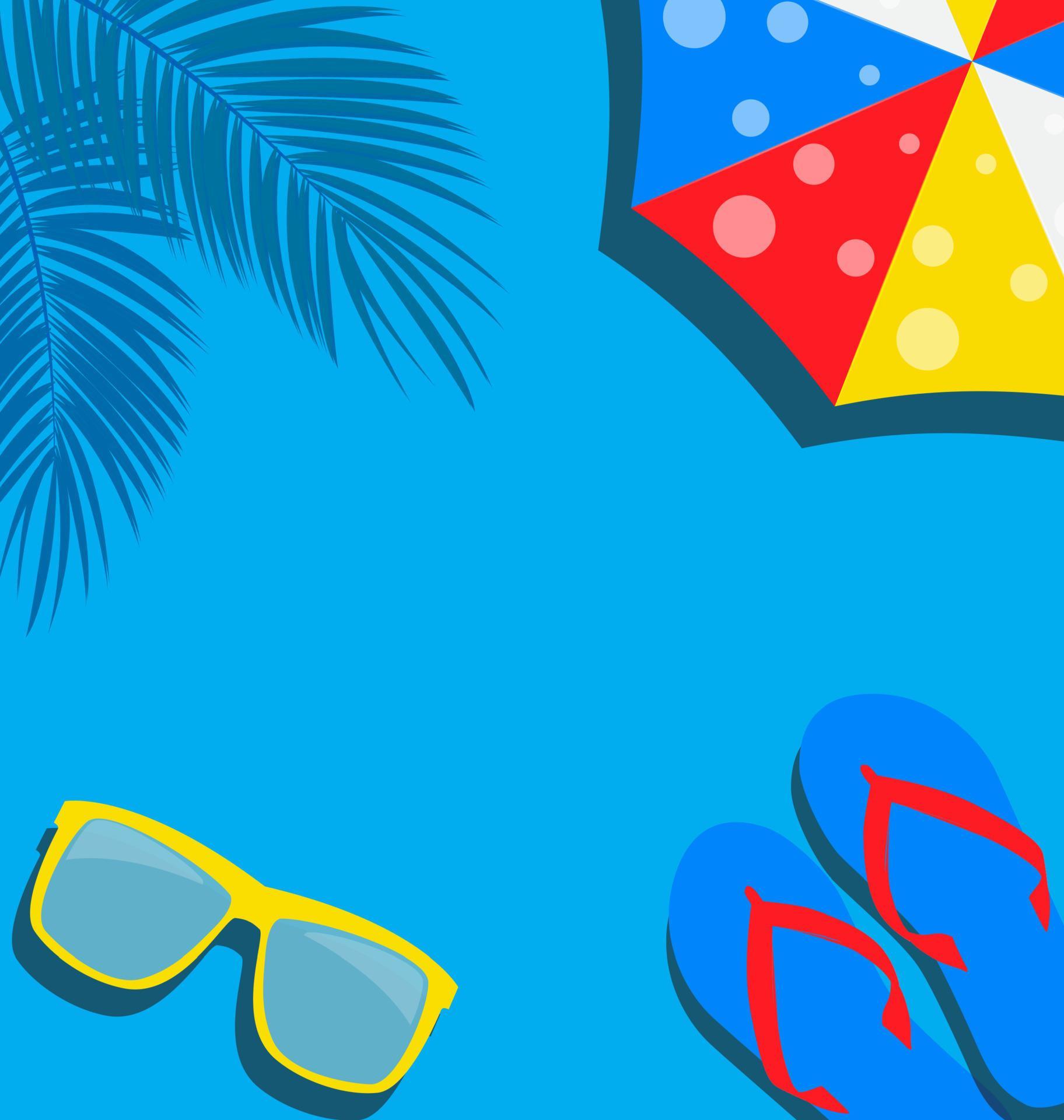 Beach Background with Flip Flop, Palm, Umbrella and Glasses Vector