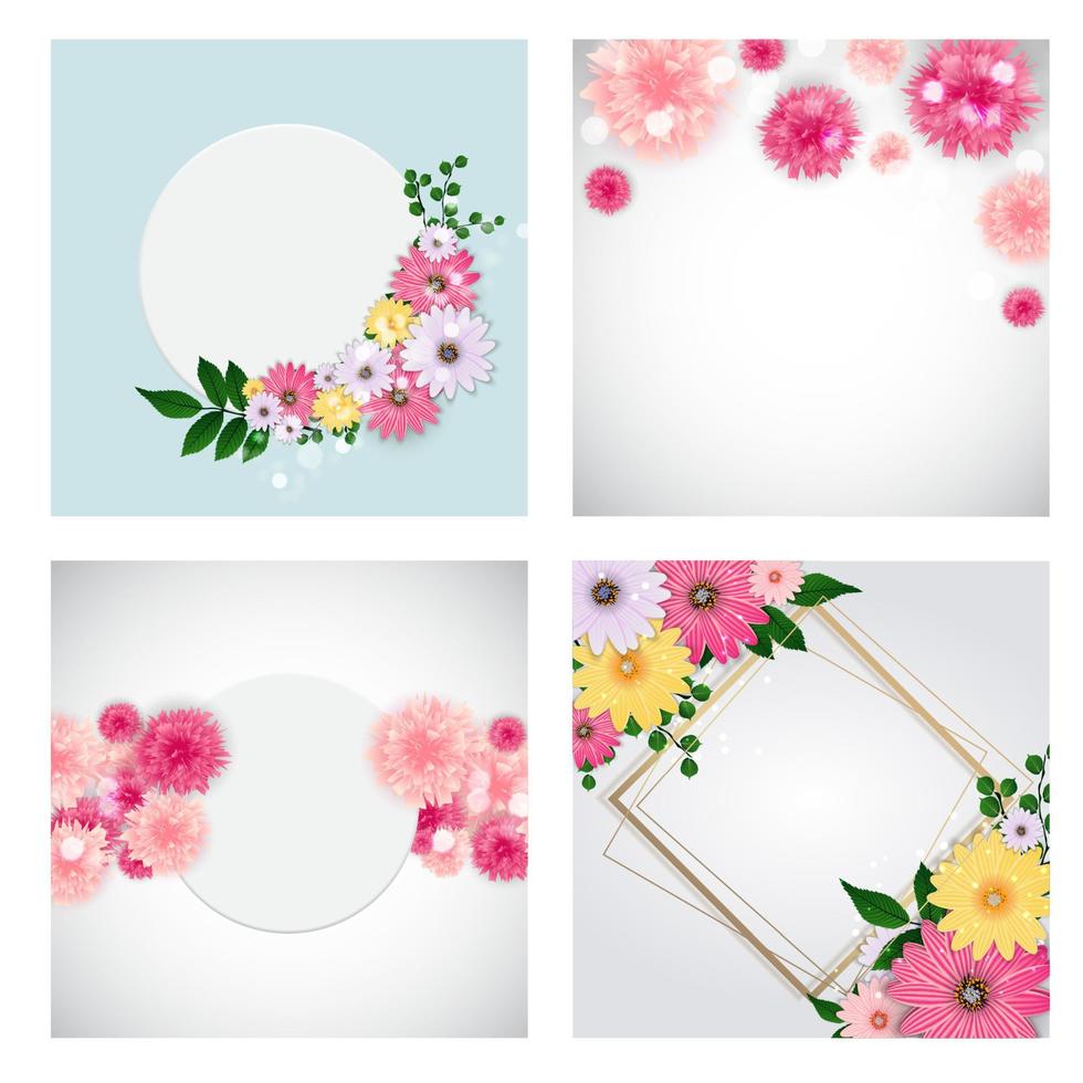 Cute Background with Frame and Flowers Collection Set. Vector Illustration