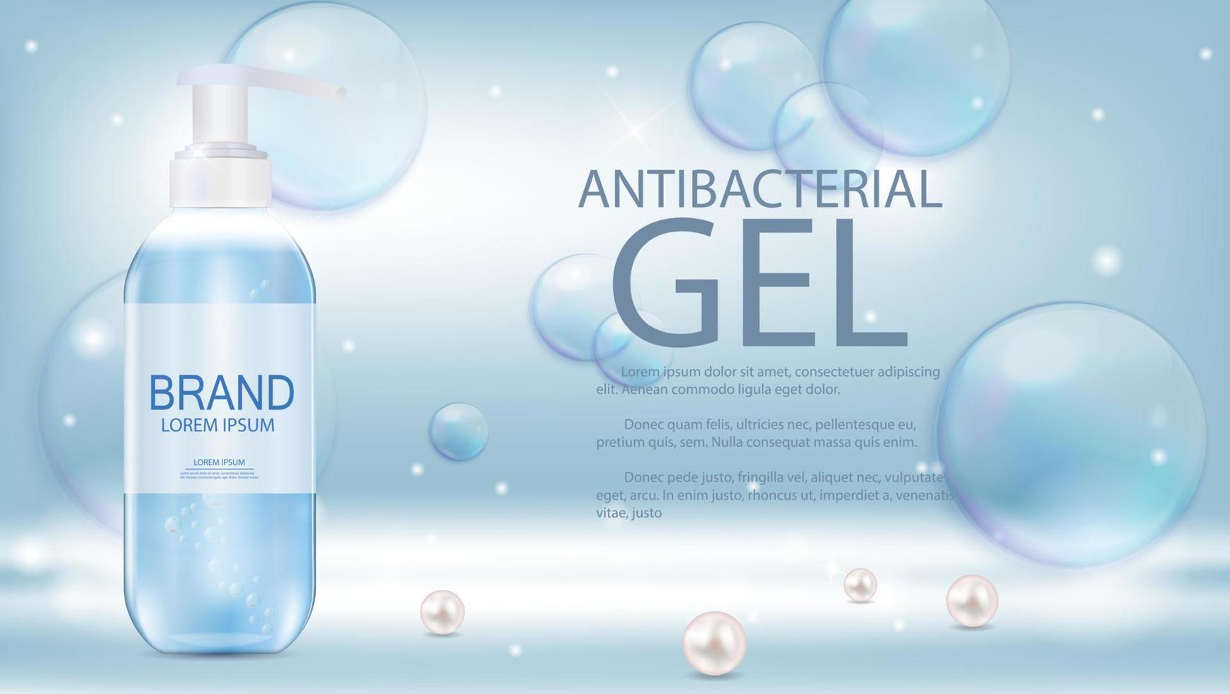 Design Cosmetics Product  Template for Ads or Magazine Background. Antibacterial Gel, Soap Bottle 3D Realistic Vector Illustration