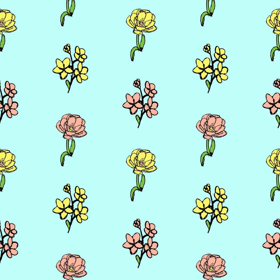 Hand drawn flower seamless pattern background. Vector Illustration