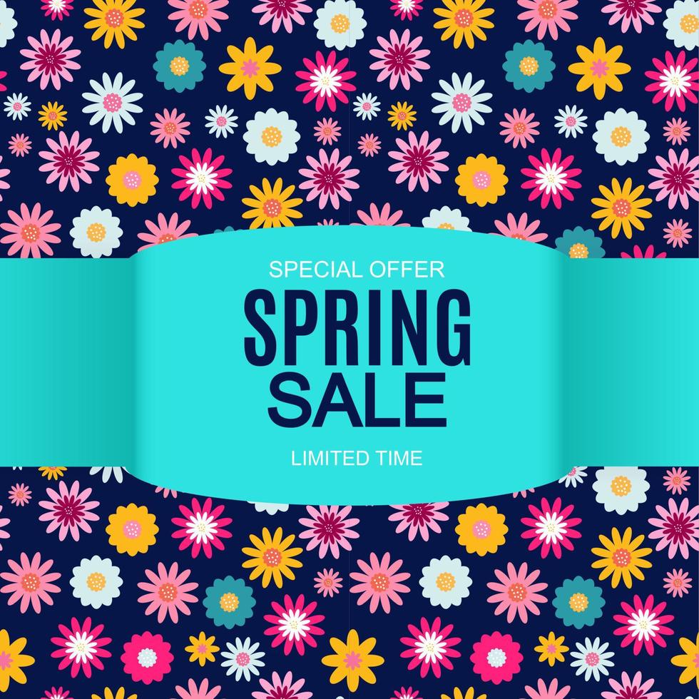 Spring Sale Cute Background with Flowers. Vector Illustration