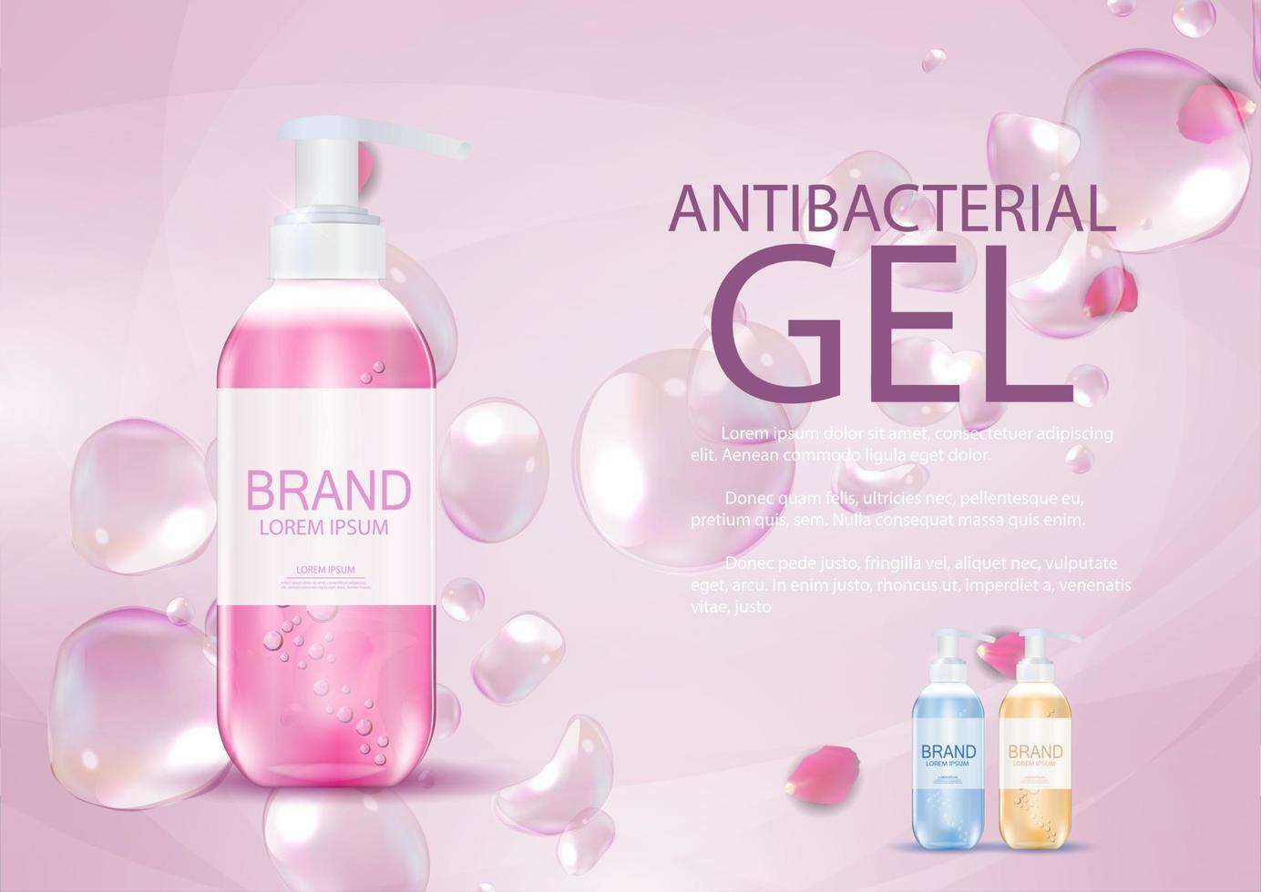 Diseñe la plantilla de productos cosméticos para anuncios o revistas de fondo. gel antibacteriano, botella de jabón 3d ilustración vectorial realista vector