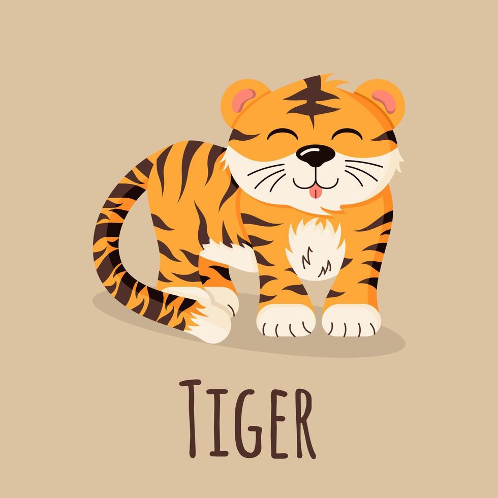 Happy Chines tiger, asian new year, wild animal in a flat style isolated on a beige background. vector