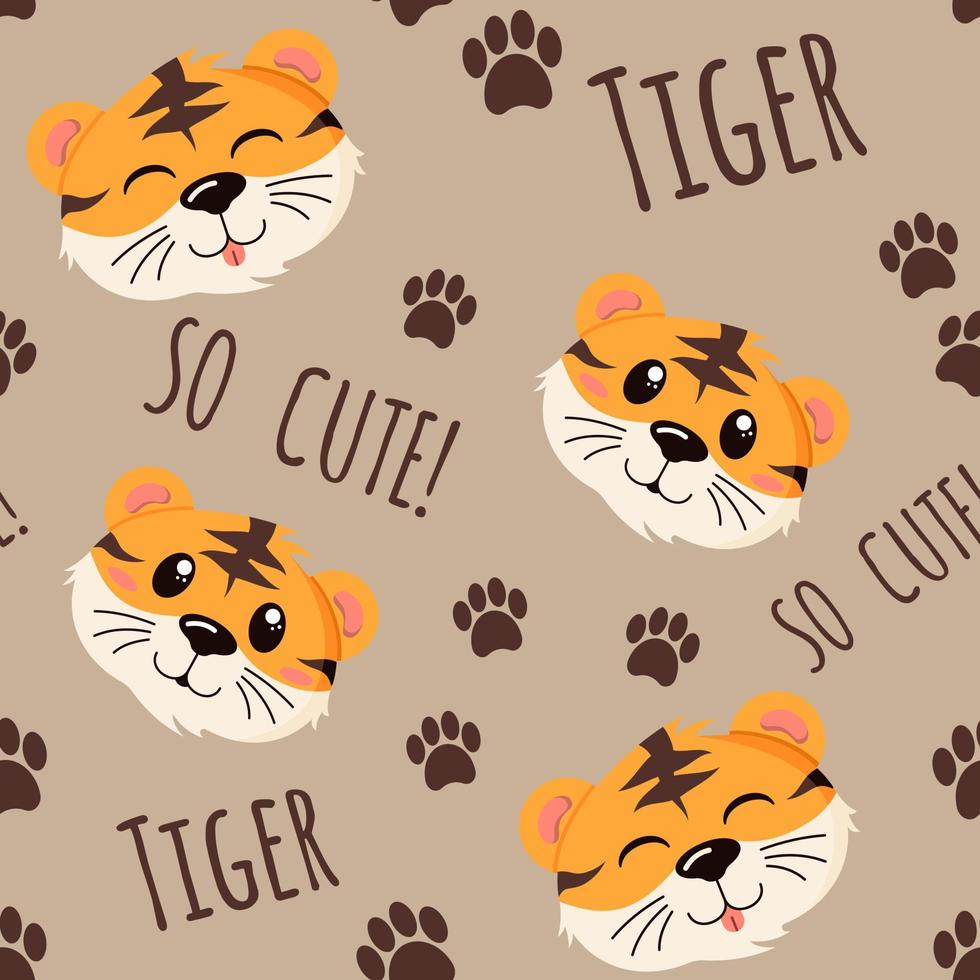 patrón sin fisuras con tigre de lomos feliz, año nuevo asiático, animal salvaje en un estilo plano aislado en un fondo beige. vector