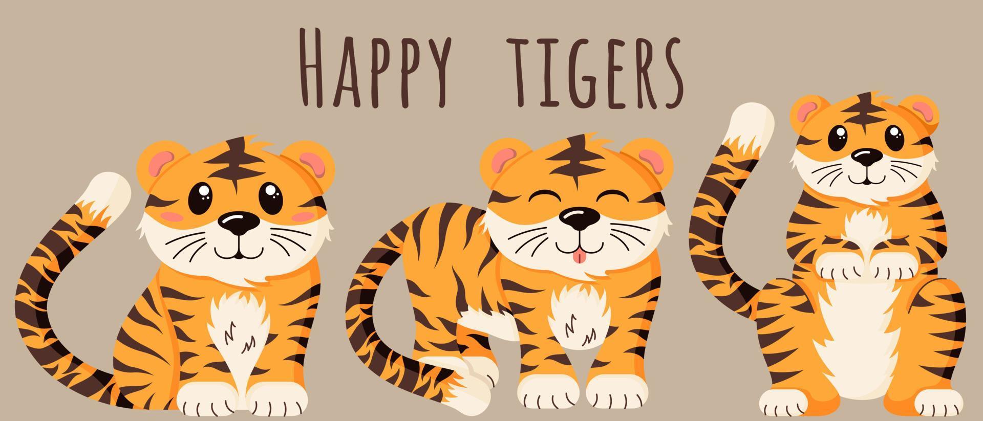 Happy Chines tiger, asian new year, wild animal in a flat style isolated on a beige background. vector