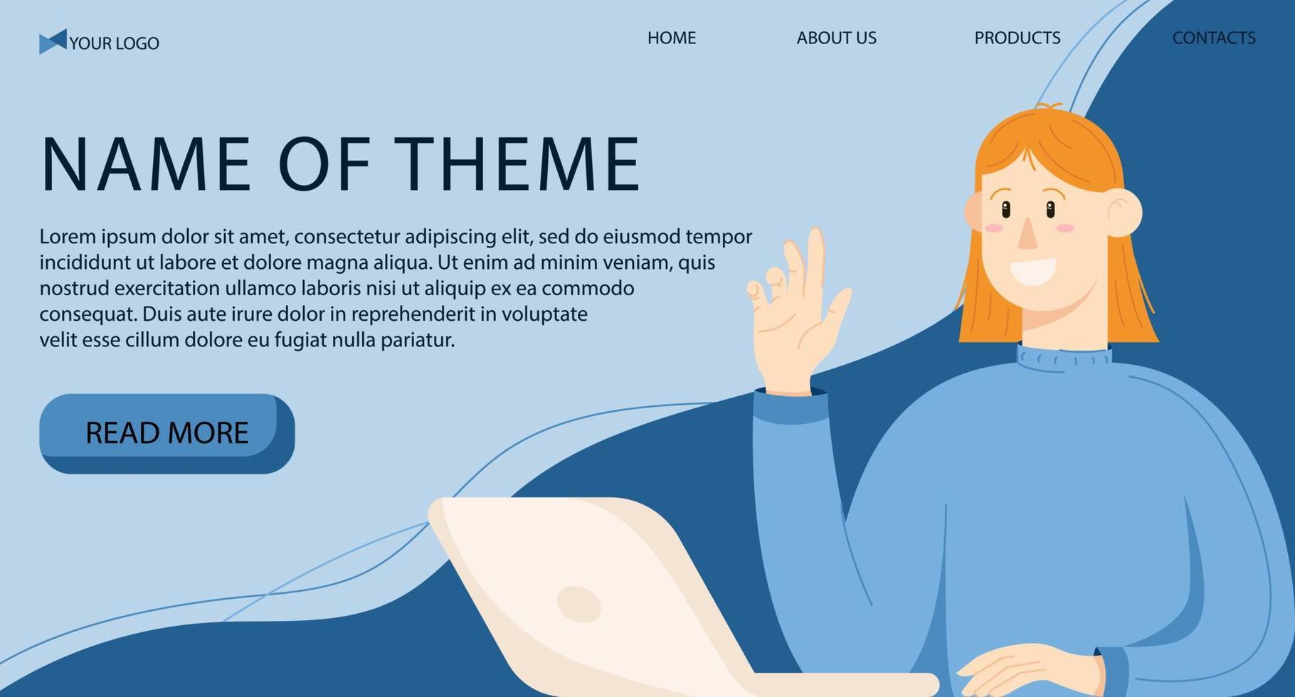 Landing page of female character waving her hand to say hello. Young woman with a laptop in a flat style. vector
