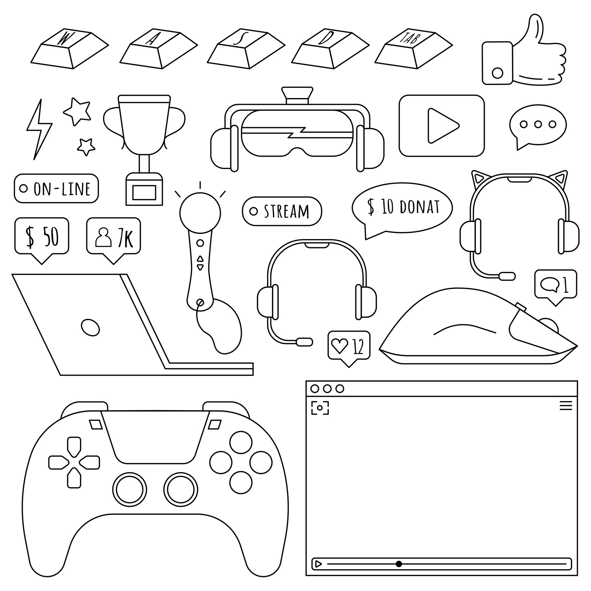 Set of doodle vector icons related to computer games. Joysticks