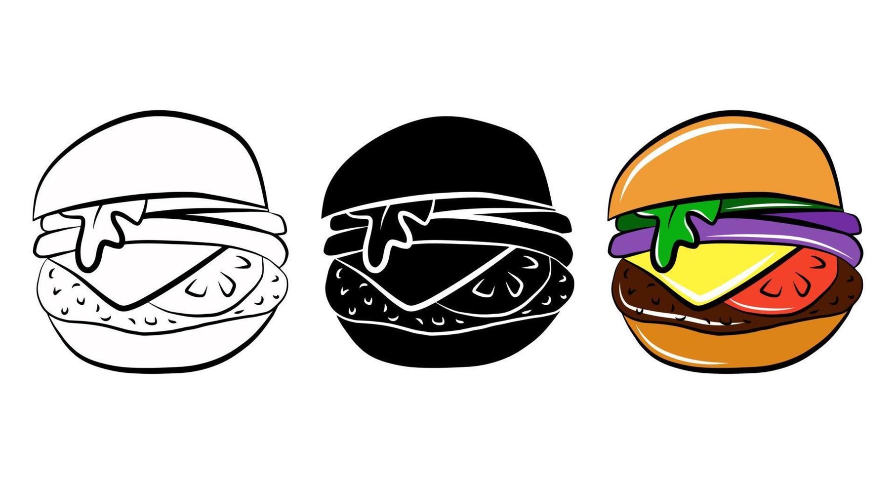 Burger fast food vector icon set. Isolated graphic logo design. Simple linear doodle sketch drawing. Unhealthy street meal.