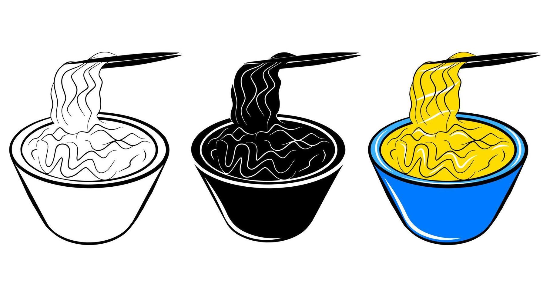 Noodles soup icon set. Vector flat illustration. Logo or package design element. Outline sketch doodle style drawing.
