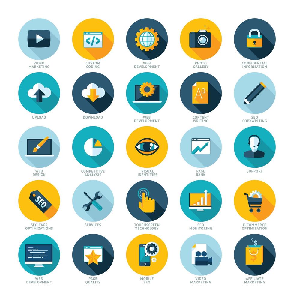 Set of flat design icons for Web design development, SEO and Internet marketing vector