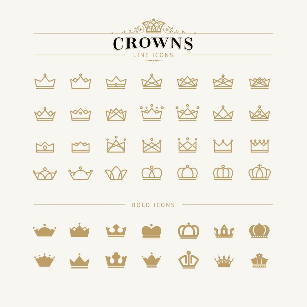 Set of crown line and solid icons vector