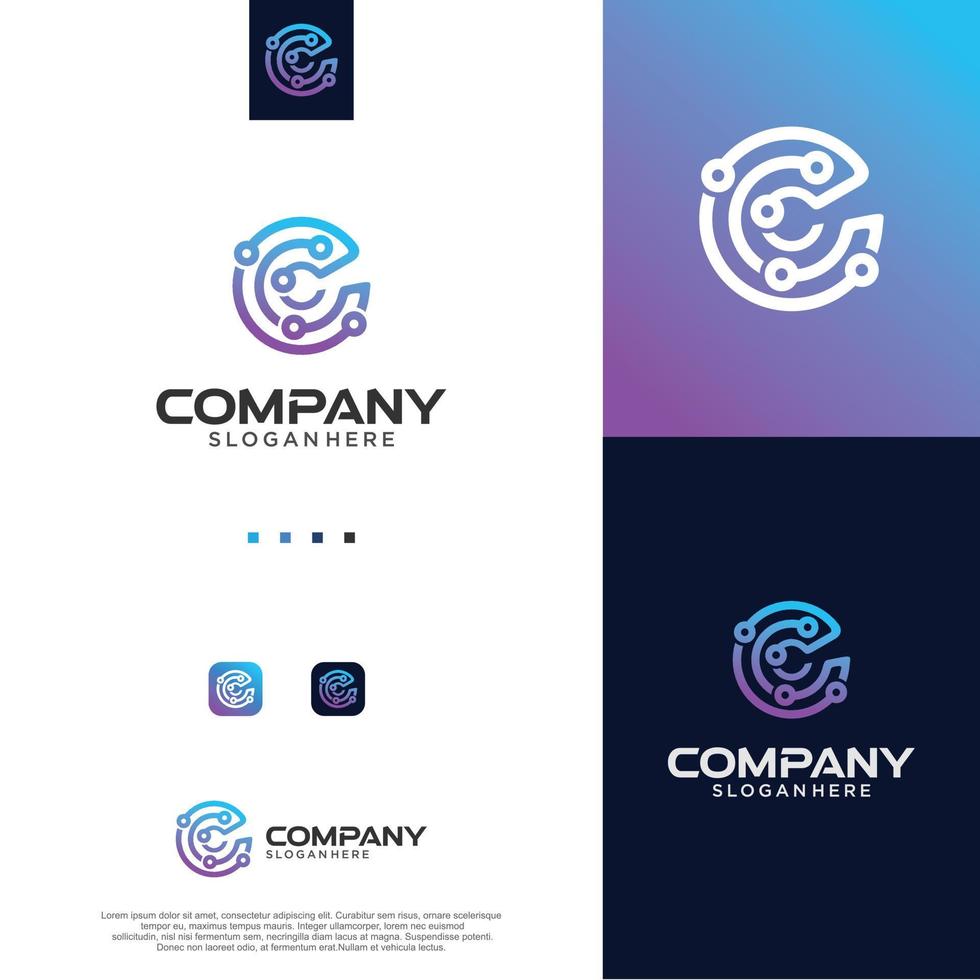 Letter C Logo Circuit Design Vector Stock. Alphabet C Tech Logo Line Connection integrate concept. Initial C Logo Connect Dot Network Design Technology Digital