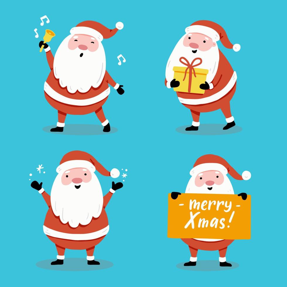 Set of hand drawn style cartoon Santa Claus. Vector illustration