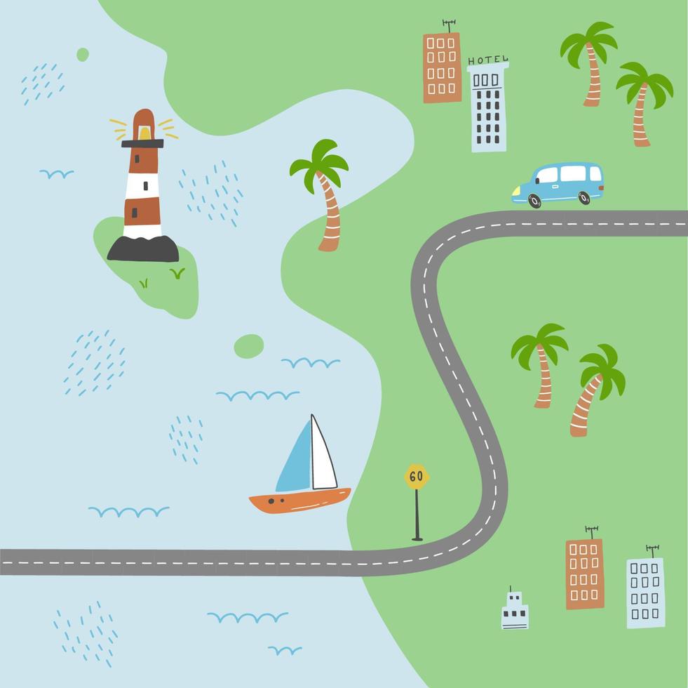 Kids city map of transport and road. Vector illustration.