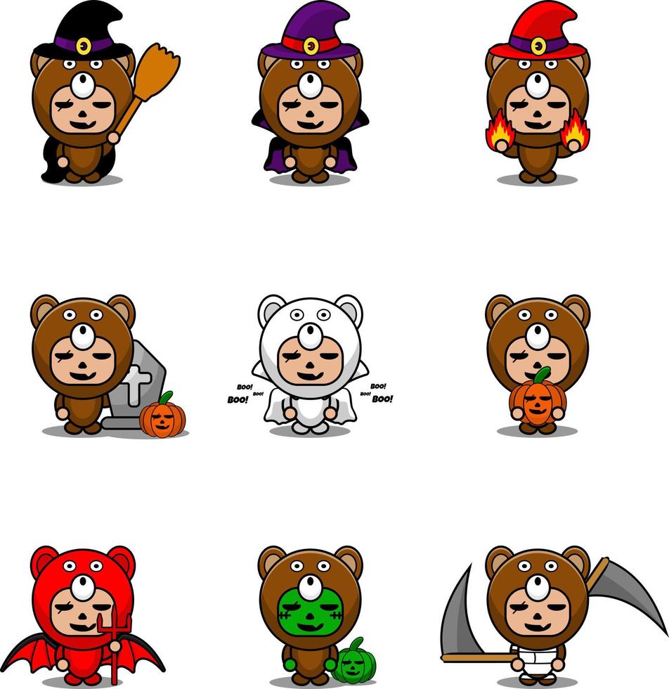 vector cartoon character cute bear animal mascot costume set bundle halloween