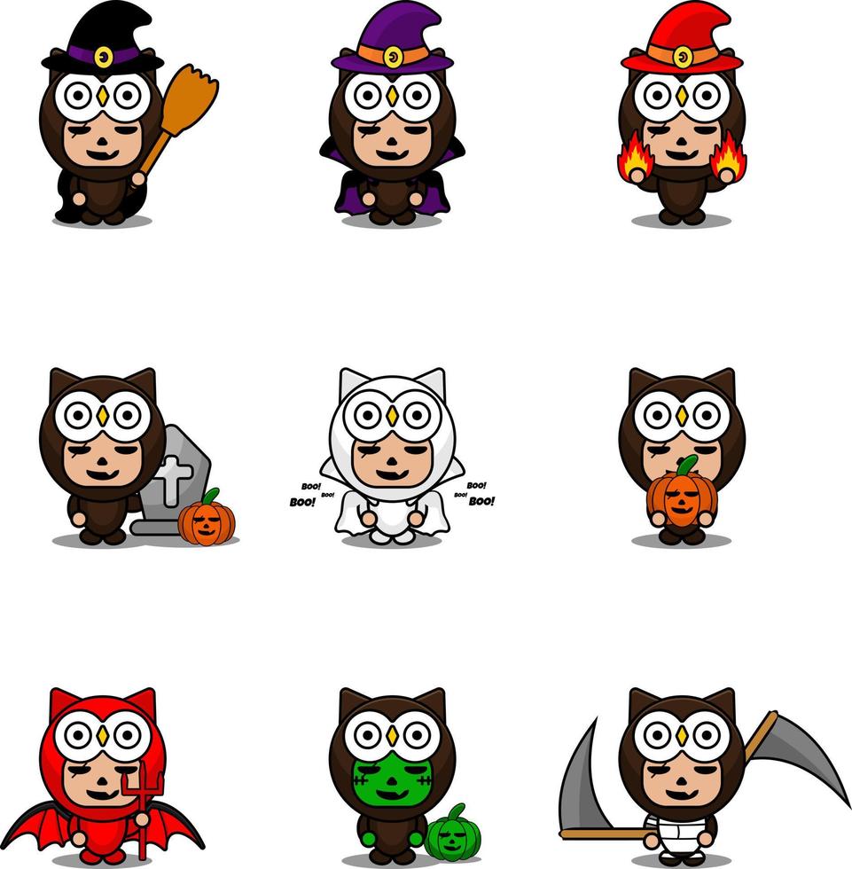 vector personaje de dibujos animados lindo búho animal mascota traje conjunto paquete halloween