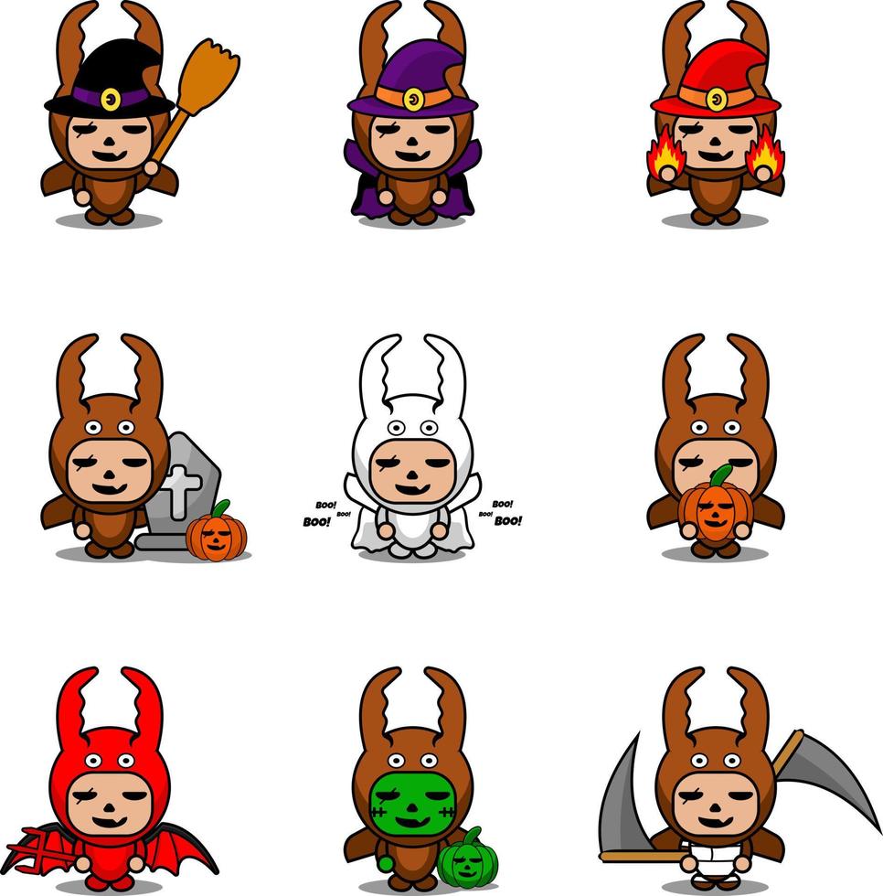 vector personaje de dibujos animados lindo escarabajo luchador traje de mascota animal conjunto paquete halloween