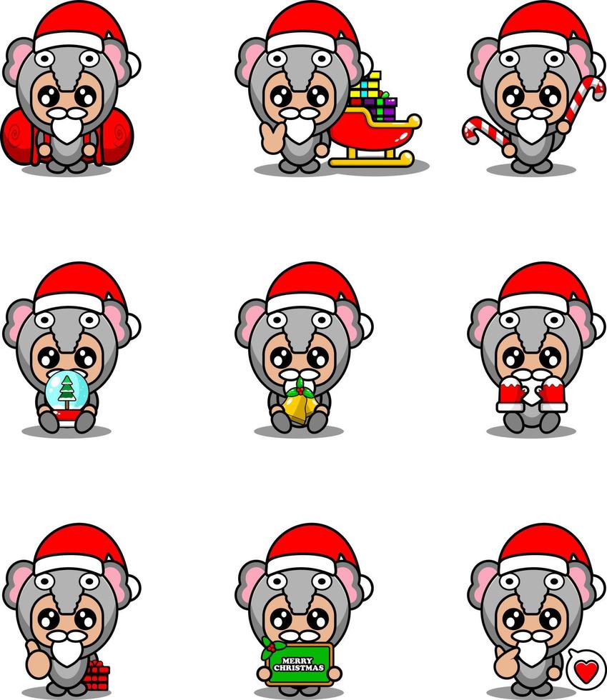 conjunto de personajes de dibujos animados de vector disfraz de mascota elefante lindo paquete navideño