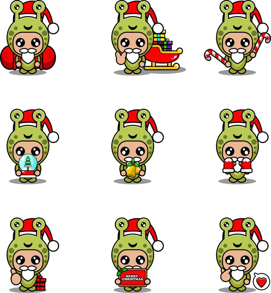 conjunto de personajes de dibujos animados de vector disfraz de mascota caracol lindo paquete navideño