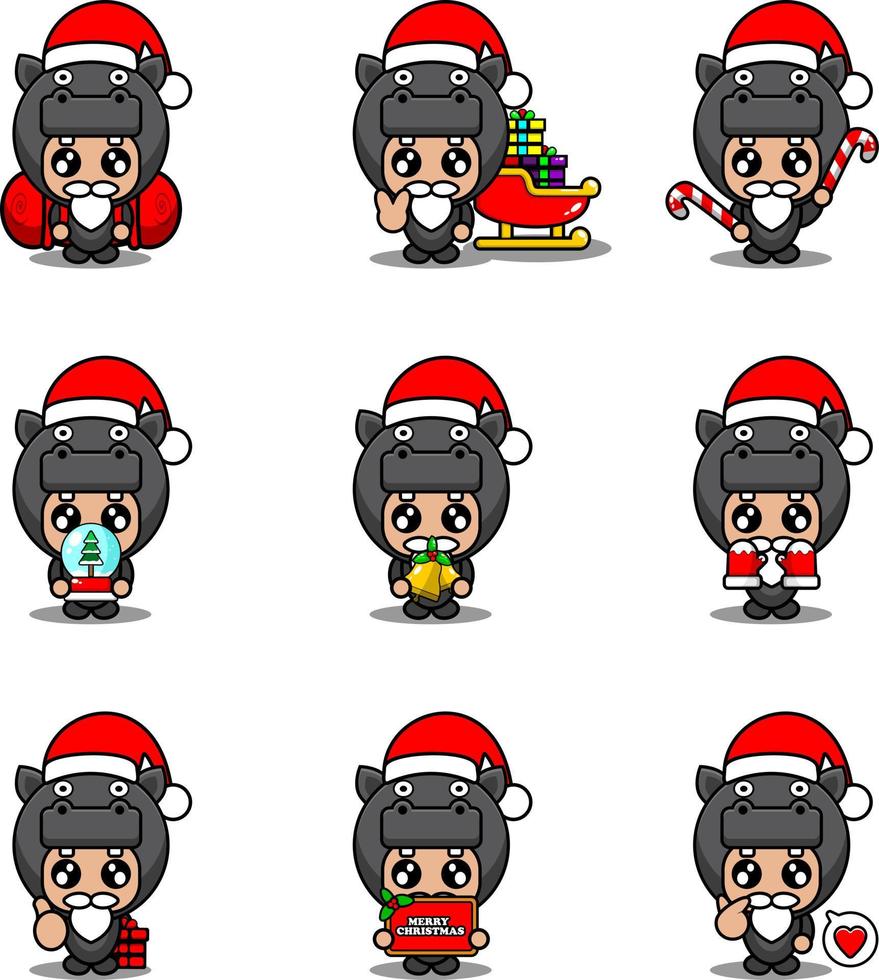 conjunto de personajes de dibujos animados de vector disfraz de mascota hipopótamo lindo paquete navideño