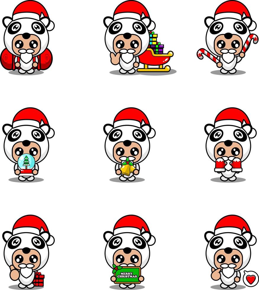 conjunto de personajes de dibujos animados de vector traje de mascota panda lindo paquete navideño