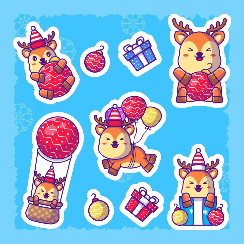 Cute Deer merry christmas stickers set. collection of flat illustrations vector