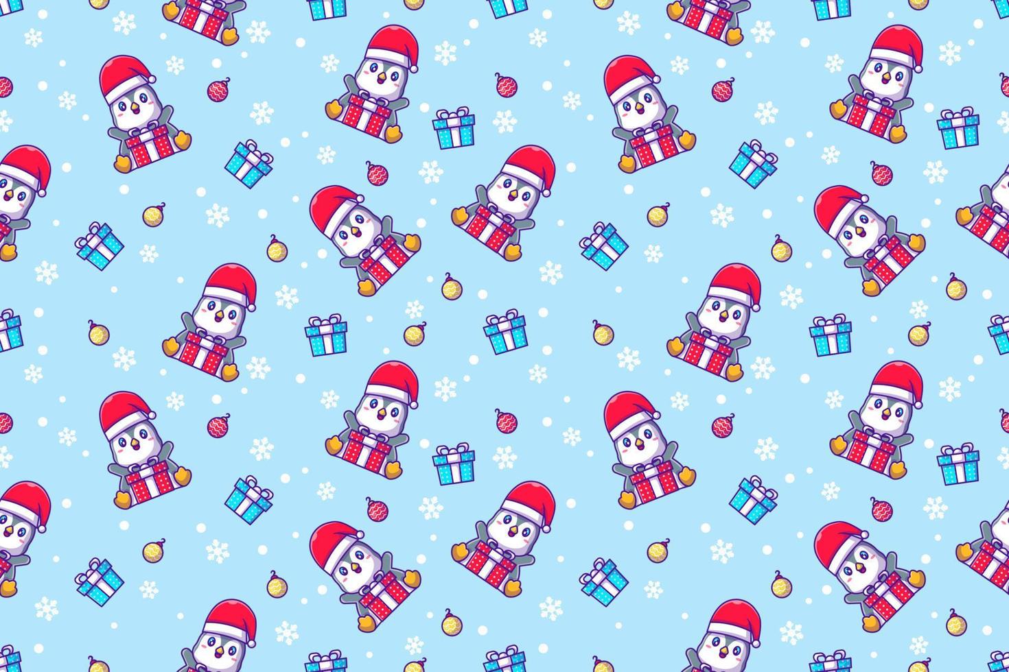 Cute happy penguin and merry christmas with seamless pattern vector