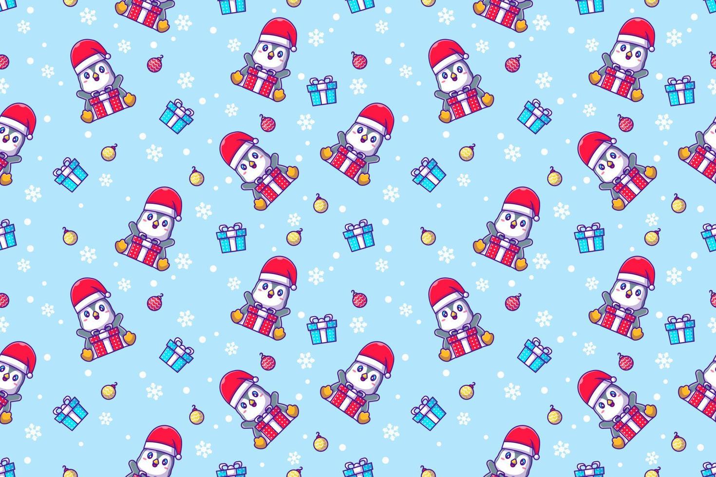 Cute happy penguin and merry christmas with seamless pattern vector