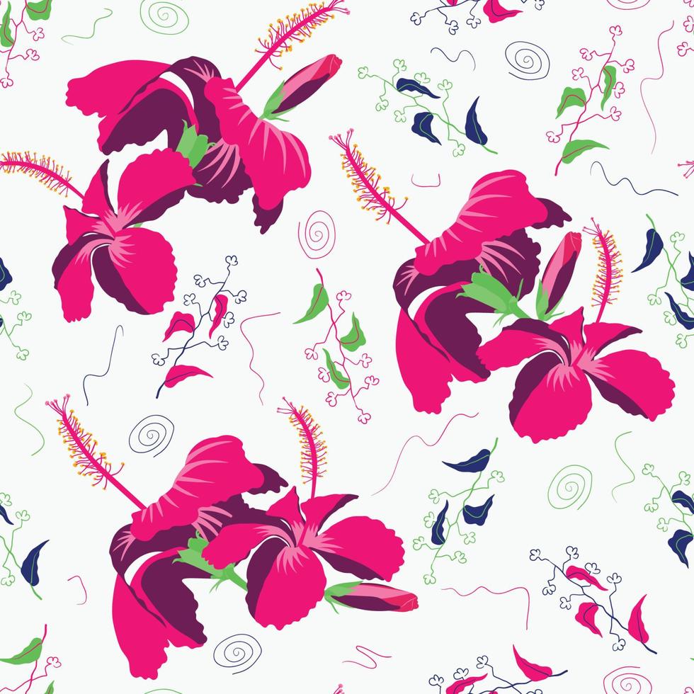 Hibisco rose mallow allover repeat picture with exotic magenta colours lobed, stem garden. Best for wallcovering, upholstery, book, cover. vector