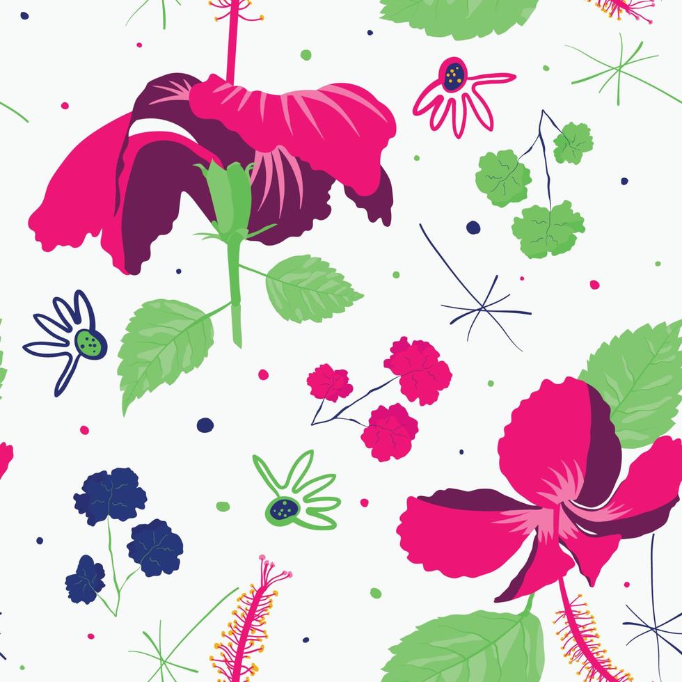 florecer subtropical hibiscus sabdariffa imagen de descarga repetitiva abstracta para tapicería de pared de algodón de tela de batista colorida, tapicería y decoración de interiores. vector