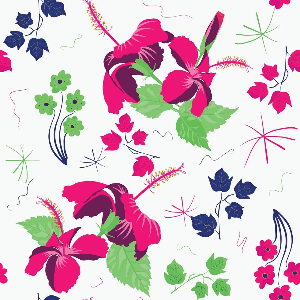 Seamless symmetric tropical rose mallow greenery motif for garment, wearable, sofa, divan, bohemian decor. vector
