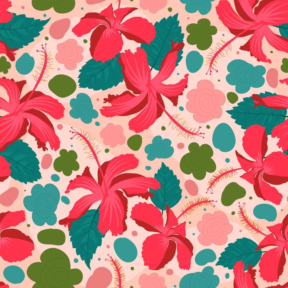 Seamless pattern of china rose hibiscus rosa sinensis with vibrant colors. Useful for cloths, sheets, wallcovering, apparel, furniture and other interior decoration. vector