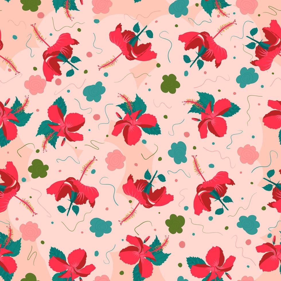 Hibiscus full drop colorful pattern motif for wearable garments, textile industry or upholstery items. Many hued various subtropical flowering illustration. vector