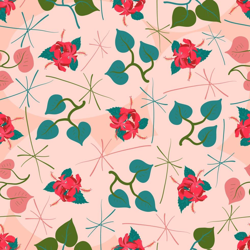 Blooming jamaican tahitian hibiscus repeating decorative surface pattern design for duvet, curtain, interior upholstery, textile print. vector