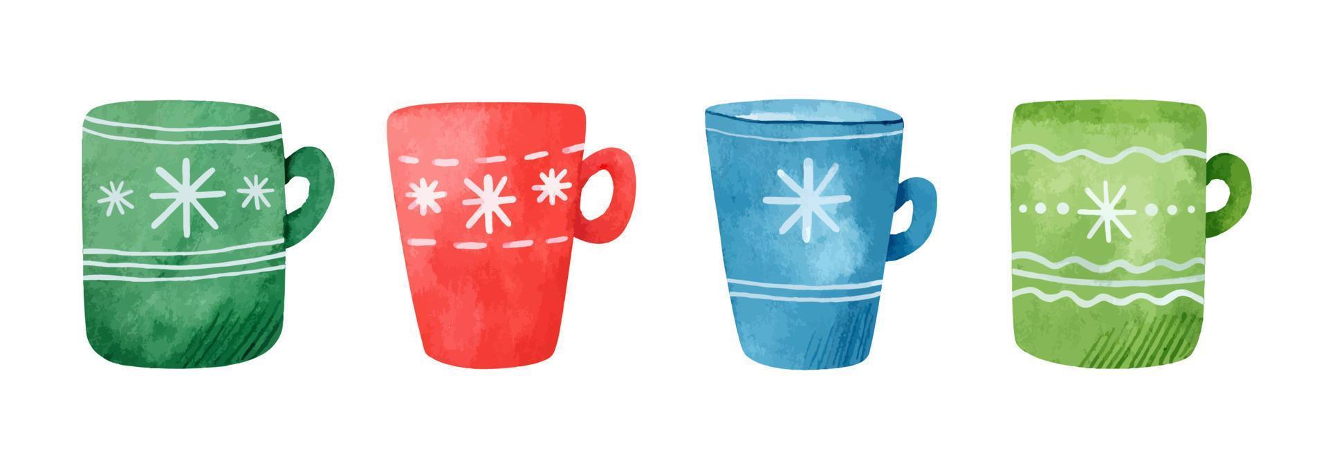 Watercolor set of Christmas mugs with various cute designs. Hand-drawn illustration. Winter new year elements on white background. Perfect for your project, cards, prints, stickers, decor vector