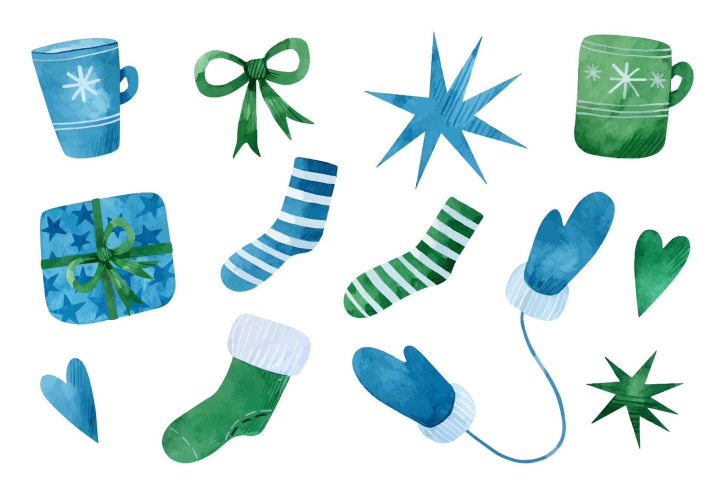 acuarela conjunto de elementos navideños. calcetines navideños azules y verdes, tazas, regalos, lazos, corazones, estrellas y manoplas. ilustración dibujada a mano. perfecto para su proyecto, tarjetas, pegatinas, patrones, decoración vector