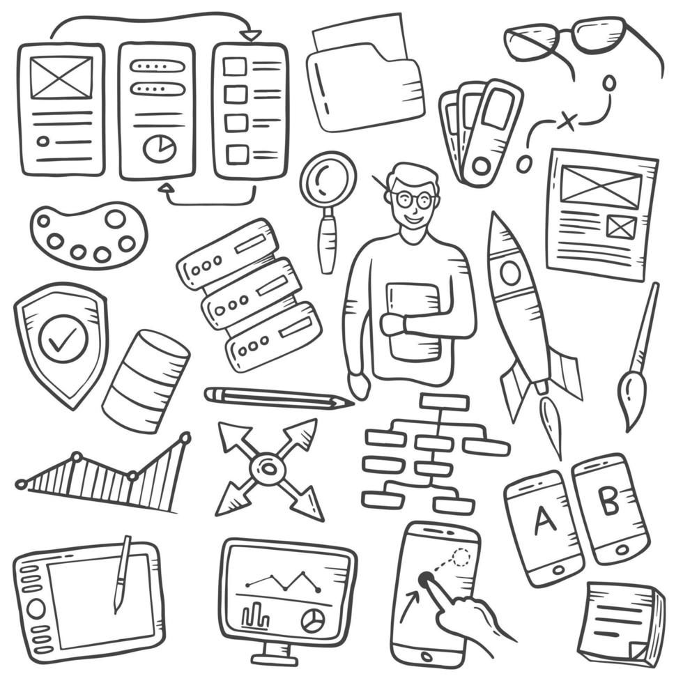 ux designer concept doodle hand drawn set collections with outline black and white style vector