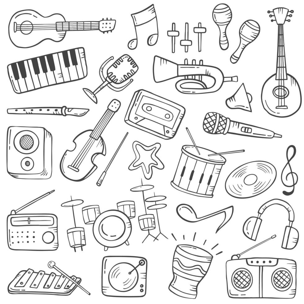 Concepto de industria de instrumentos musicales doodle colecciones de conjuntos dibujados a mano con estilo de contorno blanco y negro vector