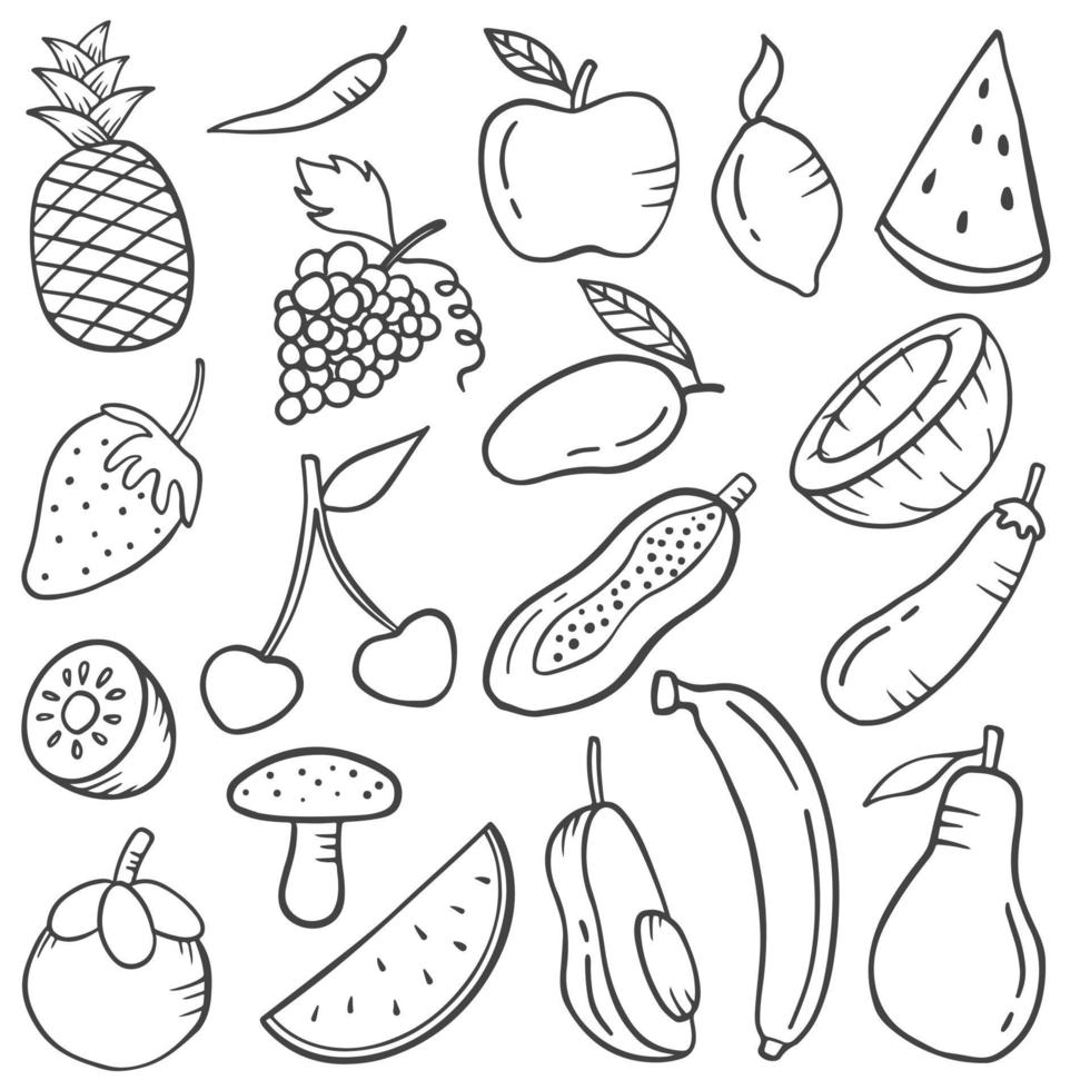 concepto de comida de frutas doodle conjunto de colecciones dibujadas a mano con estilo de contorno blanco y negro vector