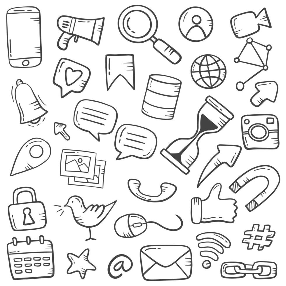 social media industry concept doodle hand drawn set collections with outline black and white style vector