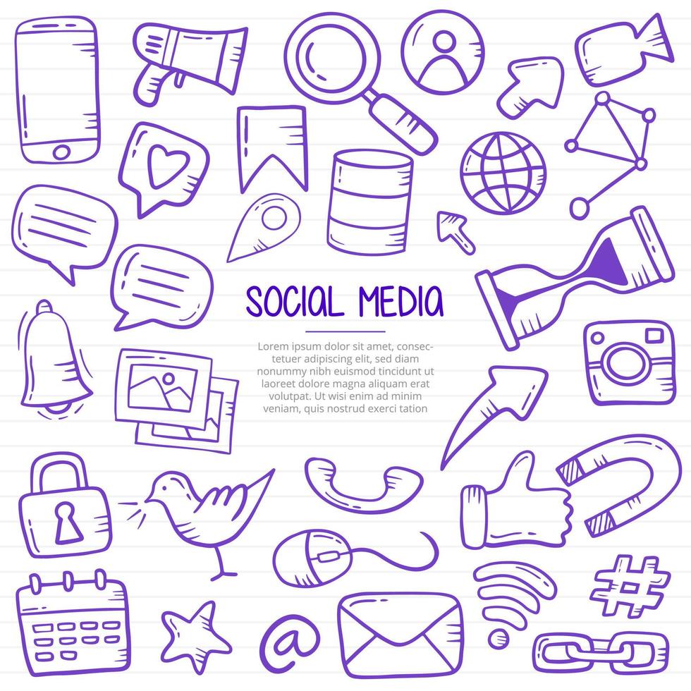 social media doodle hand drawn with outline style on paper books line vector