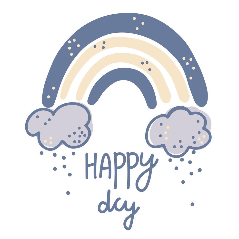 Rainbow with clouds. Inscription Happy Day. Clipart for children's room, greeting cards, children's and children's T-shirts and clothing. Hand-drawn vector native illustration