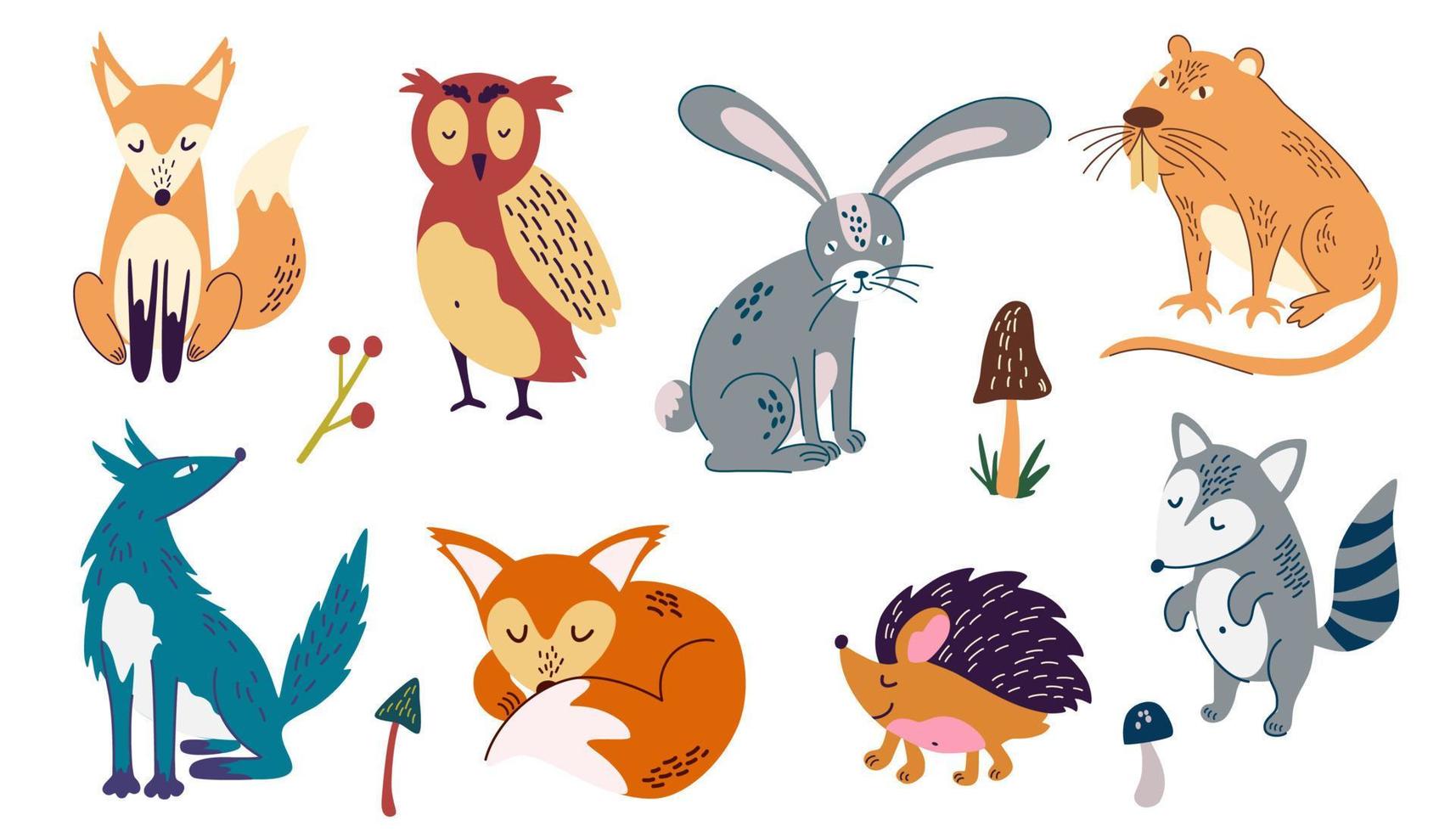 Conjunto de animales del bosque. conejo, mapache, lobo, zorro, ardilla listada, erizo y búho. coloridos personajes aislados. para niños, postales, libros y juegos educativos. estilo de dibujos animados de ilustración vectorial. vector