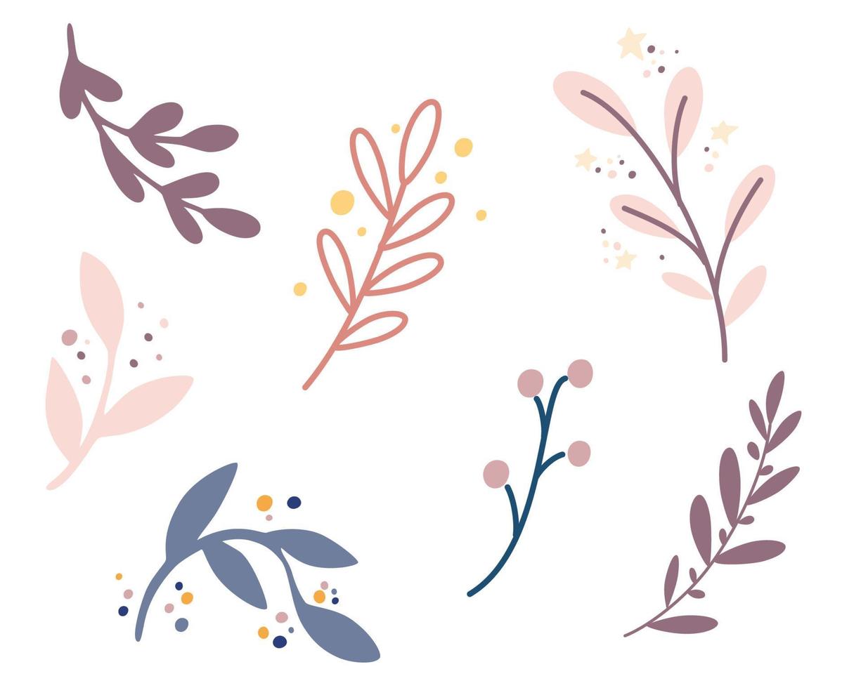 Branches set for decoration. Boho Floral elements in pastel colors. Perfect for baby shower, birthday, children's party, clothing prints. Hand Draw Vector illustration.