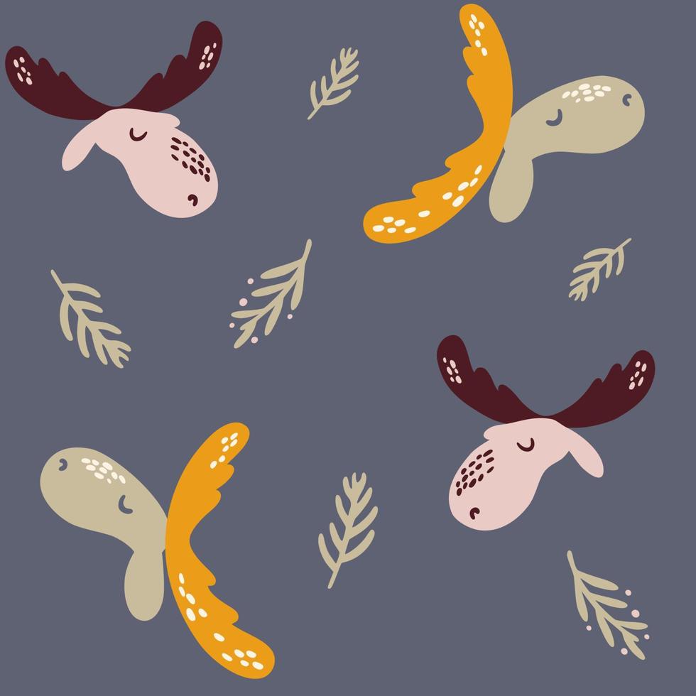 Moose seamless pattern. Cute moose head and twigs. Creative kids woodland texture for fabric, wrapping, textile, wallpaper, apparel. Hand Draw Vector illustration.