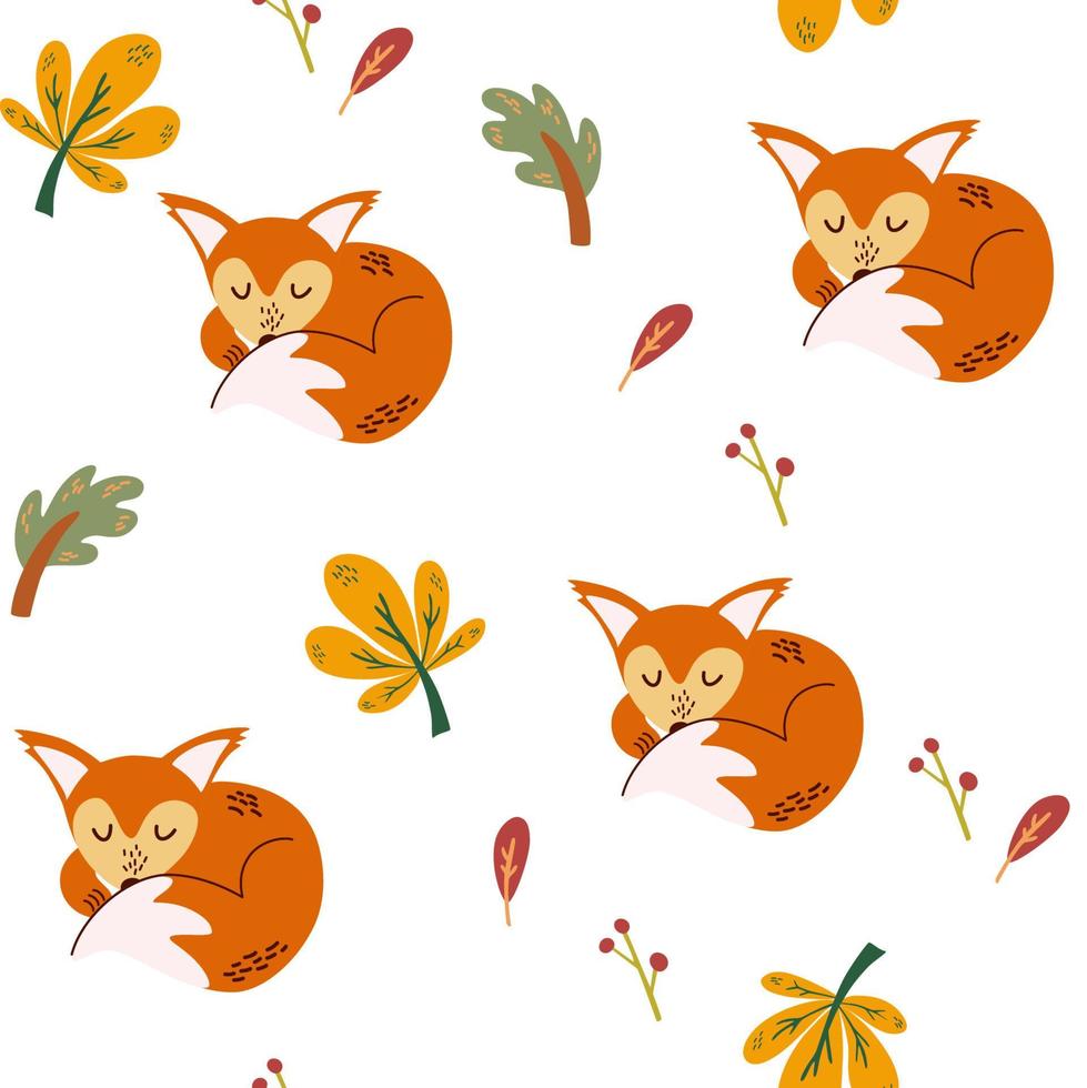 Sleeping fox seamless pattern. Autumn leaves. Awesome forest background in bright colors. Perfect for textile, wallpaper or print design. Hand Draw Vector illustration.