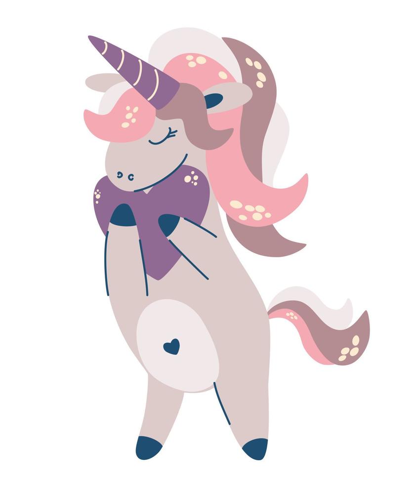 Cute cartoon unicorn. Funny unicorn with a heart in his hands. Print for baby clothes, greeting cards, invitation.  Hand Draw Vector illustration. Isolated on the white background.