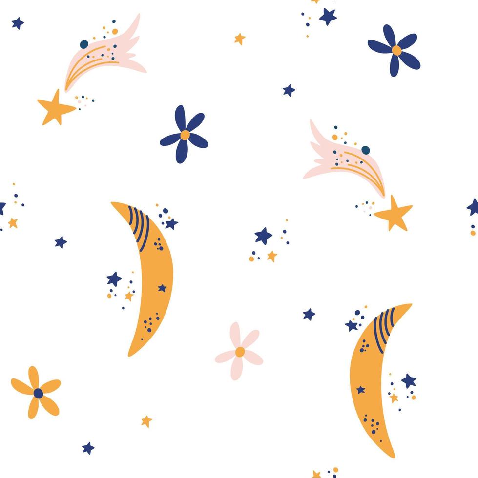 Moon and stars seamless pattern. Boho elements in pastel colors. Perfect for textile, wallpaper or print design. Hand Draw Vector illustration.